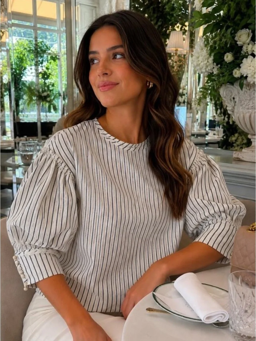 Tuckernuck Blue Linen Stripe Puff Sleeve Edie Top